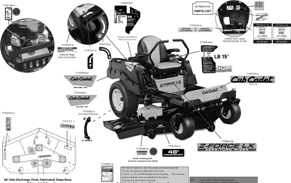 Label Map Diagram and Parts List for Z-FORCELX48KW (17RIDAUB010)(2019) Cub Cadet Lawn Tractor